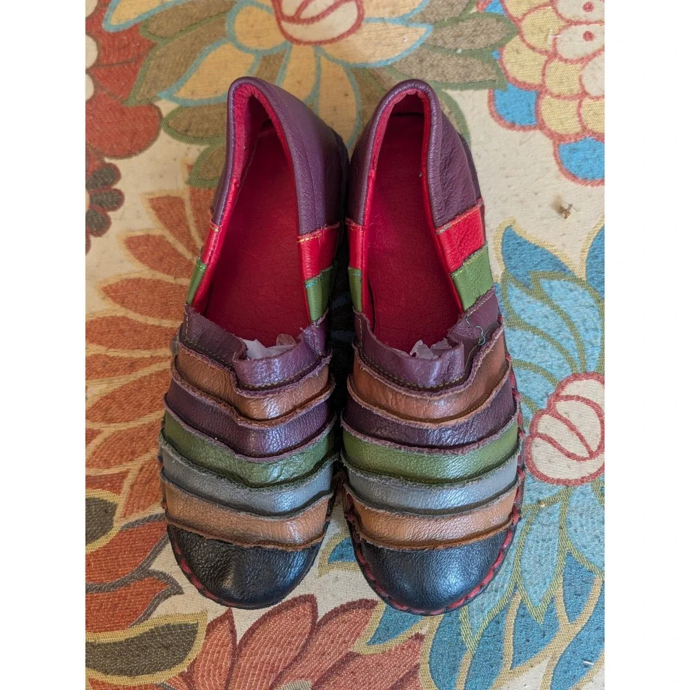 Handmade Women's Multicolor Leather Patchwork Slip On Loafers Comfort Shoes 7.5